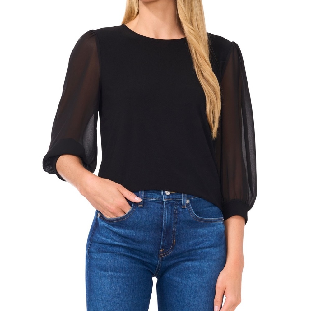 CeCe Black Blouse with Sheer Sleeves